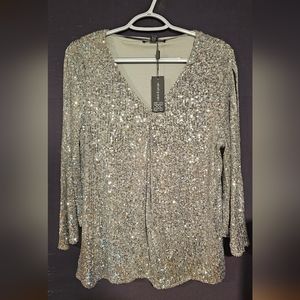 Elegant, shimmering, sequined, XL ladies top. 3/4 cold shoulder style sleeves.